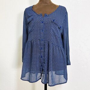 Womens Ditzy Button Up Peplum Top Size M Blue Sheer Boho Peasant Cottagecore